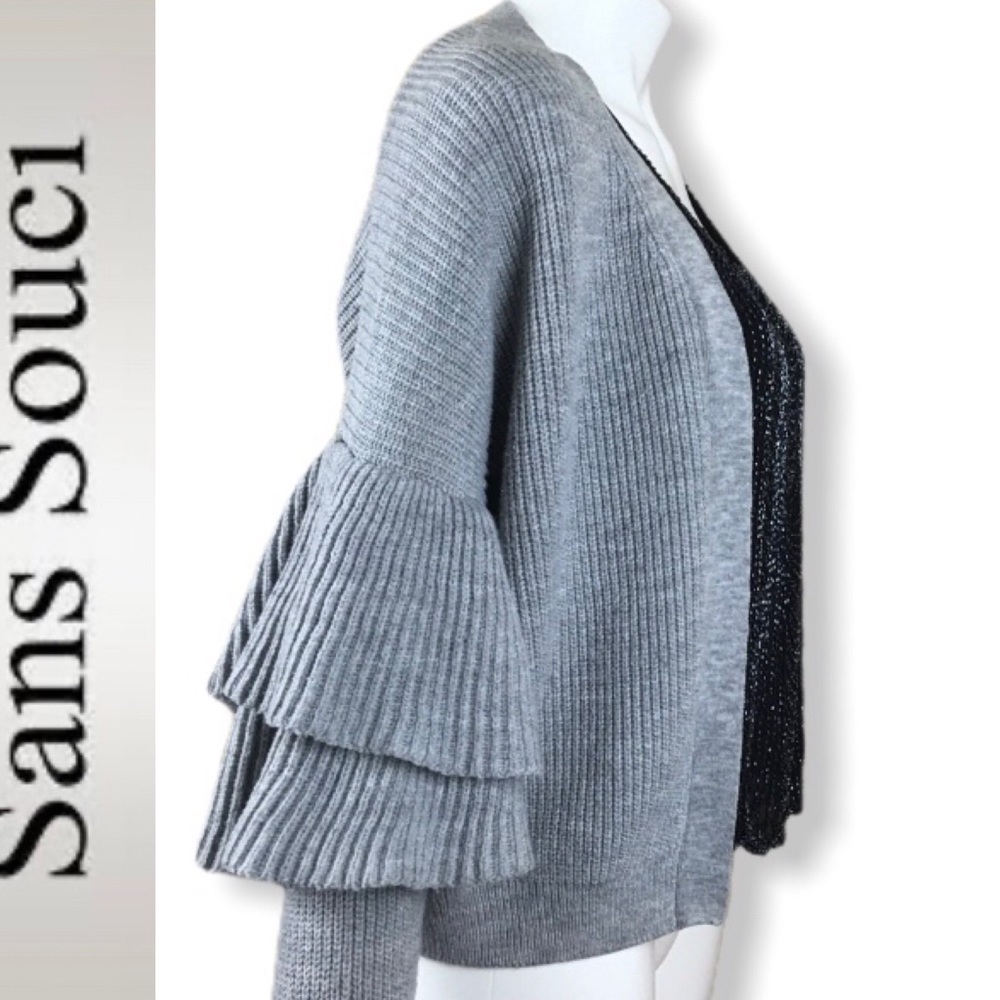 SANS SOUCI Ruffled Sleeve Open Front  Cardigan - Picture 4 of 4